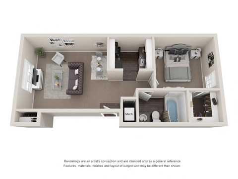 Floor plan for 1 bed, 1 bath, 560 sqft